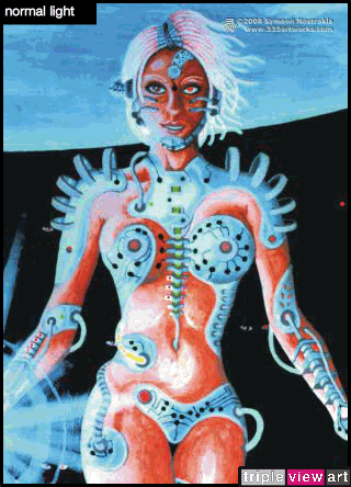 B.I.O.mechanoid is a uv (ultraviolet) blacklight fluorescent and glow-in-the-dark phosphorescent afterglow poster/postcard print, made from the original psychedelic spiritual visionary fantasy fine art backdrop painting by symeon nostrakis of 333artworks/tripleviewart, and depicting a mystery scifi/sci-fi/science fiction theme: a cyborg transhuman biomechanoid bionic female from space