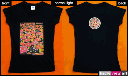 Mushrooms is a uv (ultraviolet) blacklight fluorescent and glow-in-the-dark phosphorescent afterglow short sleeve t-shirt and long sleeve hooded shirt print, made from the original psychedelic spiritual visionary fantasy fine art backdrop painting by symeon nostrakis of 333artworks/tripleviewart, and depicting a magic landsape of amanita (fly agaric) mushrooms forest, standing as a symbol of the earth