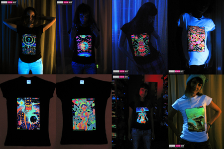Women's T-shirts, Psychedelic, UV, Blacklight, Fluorescent, Glow-in-the-dark, Psyware, Trancewear, Psytrance Wear, Clubwear