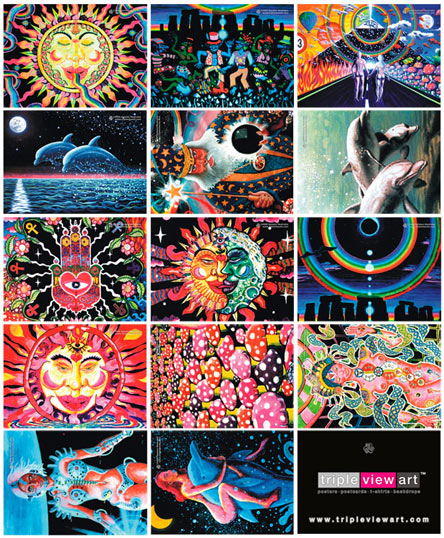 14 postcards value pack: uv (ultraviolet) blacklight fluorescent and glow-in-the-dark phosphorescent afterglow poster/postcard prints, made from the original psychedelic spiritual visionary fantasy fine art backdrop, mural and portrait paintings by symeon nostrakis of 333artworks/tripleviewart