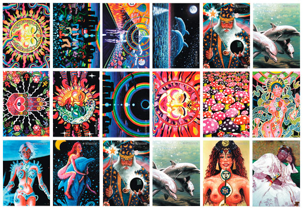12 postcards value pack: uv (ultraviolet) blacklight fluorescent and glow-in-the-dark phosphorescent afterglow poster/postcard prints, made from the original psychedelic spiritual visionary fantasy fine art backdrop, mural and portrait paintings by symeon nostrakis of 333artworks/tripleviewart