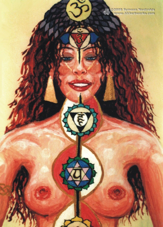 Chakra Girl #2 is a poster/postcard print, made from the original psychedelic spiritual visionary fantasy fine art mural painting by symeon nostrakis of 333artworks/tripleviewart, and depicting a female on meditation, with open heart and above chakras and rising kundalini energy (hindu theme)