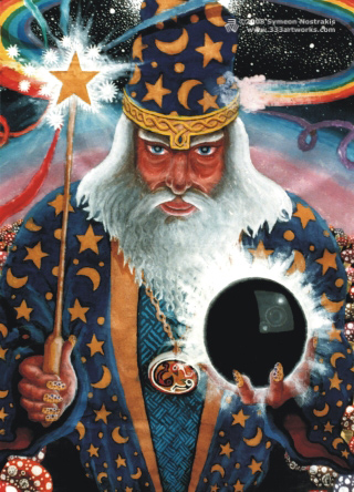 Merlin is a poster/postcard print, made from the original psychedelic spiritual visionary fantasy fine art backdrop painting by symeon nostrakis of 333artworks/tripleviewart, and depicting the mystery of sorcery: wizard merlin wearing an amulet, holding a magic wand shooting rainbow colours and a magic sphere, standing on a field of amanita (fly agaric) mushrooms and under a starry night, a space filled with stars