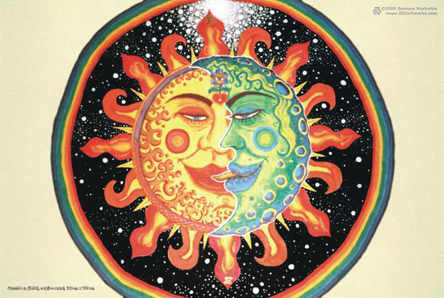Sun+Moon is a poster/postcard print, made from the original psychedelic spiritual visionary fantasy fine art mural painting by symeon nostrakis of 333artworks/tripleviewart, and depicting mystery, magic alchemy, the sun and the moon coming together in an eclipse (sunmoon as the union of the opposites), the third eye/3rd eye inside a flower growing from a heart, and everything surrounded by space with stars and a circular rainbow